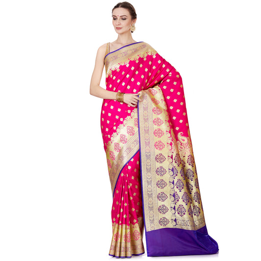 Faishana Presents Pink Satin Silk Floral Zari Booti Banarasi Skirt Border Saree with Contrast Blue Blouse Piece