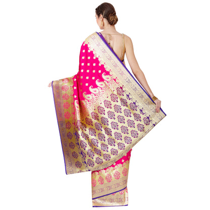 Faishana Presents Pink Satin Silk Floral Zari Booti Banarasi Skirt Border Saree with Contrast Blue Blouse Piece