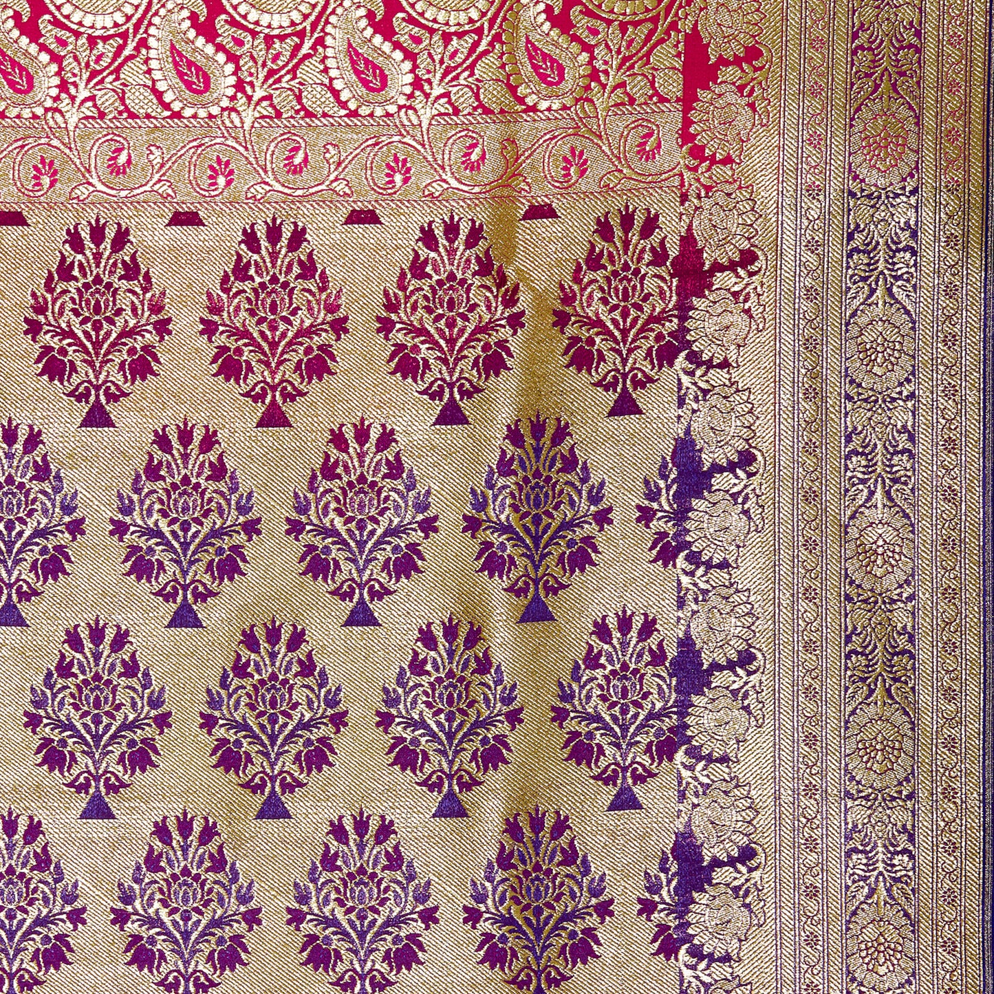 Faishana Presents Pink Satin Silk Floral Zari Booti Banarasi Skirt Border Saree with Contrast Blue Blouse Piece