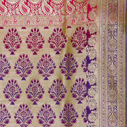 Faishana Presents Pink Satin Silk Floral Zari Booti Banarasi Skirt Border Saree with Contrast Blue Blouse Piece