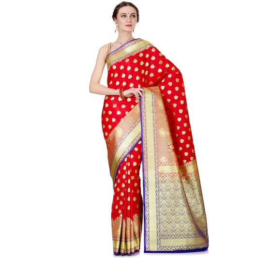 Faishana Presents Red Satin Silk Gold Zari Booti Skirt Floral Leaf Banarasi Saree with Contrast Blue Blouse Piece