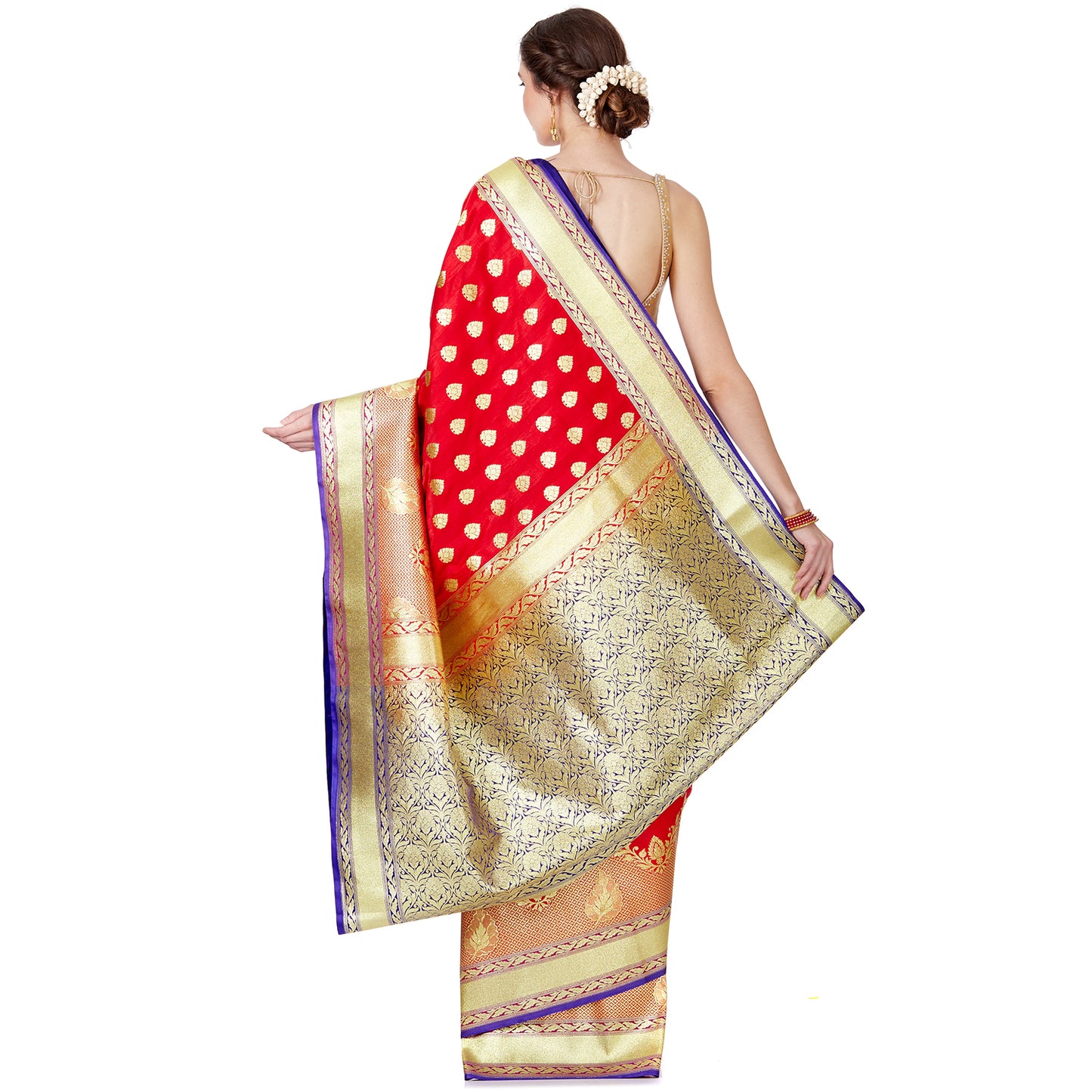 Faishana Presents Red Satin Silk Gold Zari Booti Skirt Floral Leaf Banarasi Saree with Contrast Blue Blouse Piece