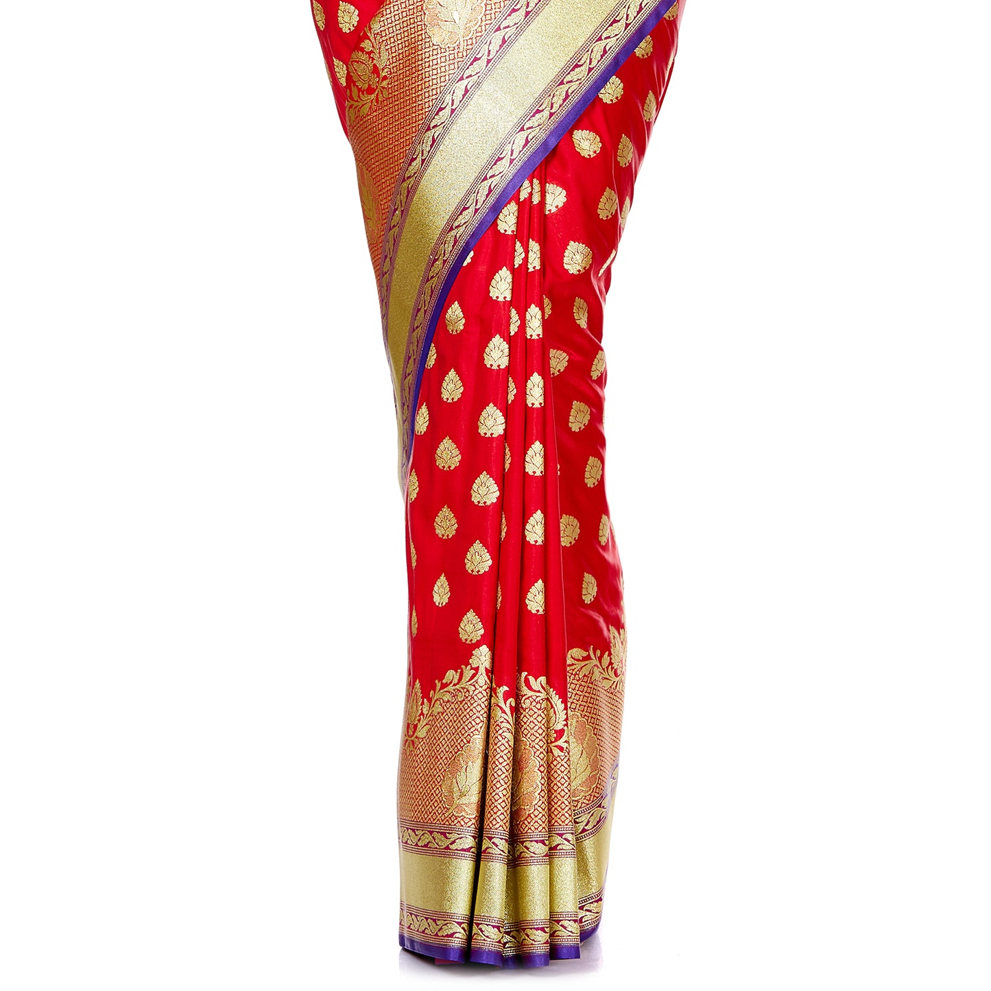 Faishana Presents Red Satin Silk Gold Zari Booti Skirt Floral Leaf Banarasi Saree with Contrast Blue Blouse Piece