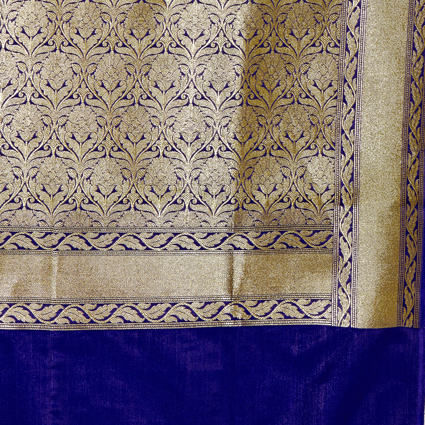 Faishana Presents Red Satin Silk Gold Zari Booti Skirt Floral Leaf Banarasi Saree with Contrast Blue Blouse Piece
