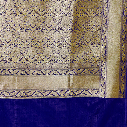 Faishana Presents Red Satin Silk Gold Zari Booti Skirt Floral Leaf Banarasi Saree with Contrast Blue Blouse Piece