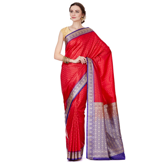 Faishana Presents Red Satin Silk Floral Booti Saree with Contrast Paisley Pallu and Violet Blouse Piece