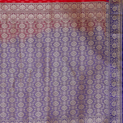 Faishana Presents Red Satin Silk Floral Booti Saree with Contrast Paisley Pallu and Violet Blouse Piece