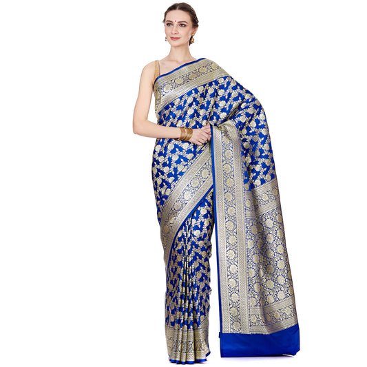Faishana Presents Blue Satin Silk Floral Zari Jaal Banarasi Saree with Blue Blouse Piece