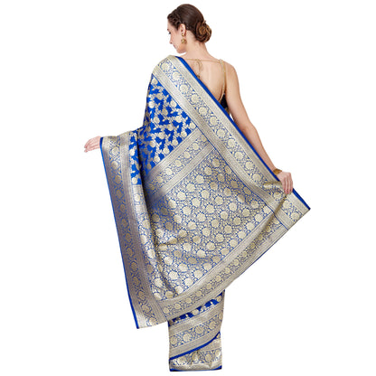 Faishana Presents Blue Satin Silk Floral Zari Jaal Banarasi Saree with Blue Blouse Piece