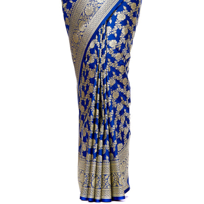Faishana Presents Blue Satin Silk Floral Zari Jaal Banarasi Saree with Blue Blouse Piece