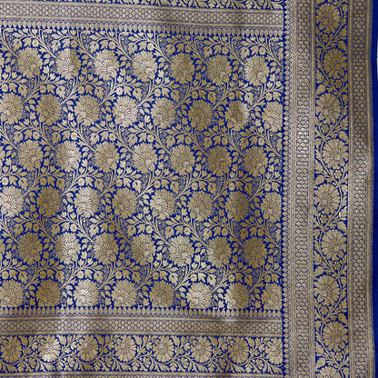 Faishana Presents Blue Satin Silk Floral Zari Jaal Banarasi Saree with Blue Blouse Piece