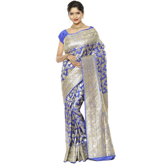 Faishana Presents Blue Katan Silk Floral Zari Jaal Stone work with Heavy Skirt Zari Border Banarasi Saree