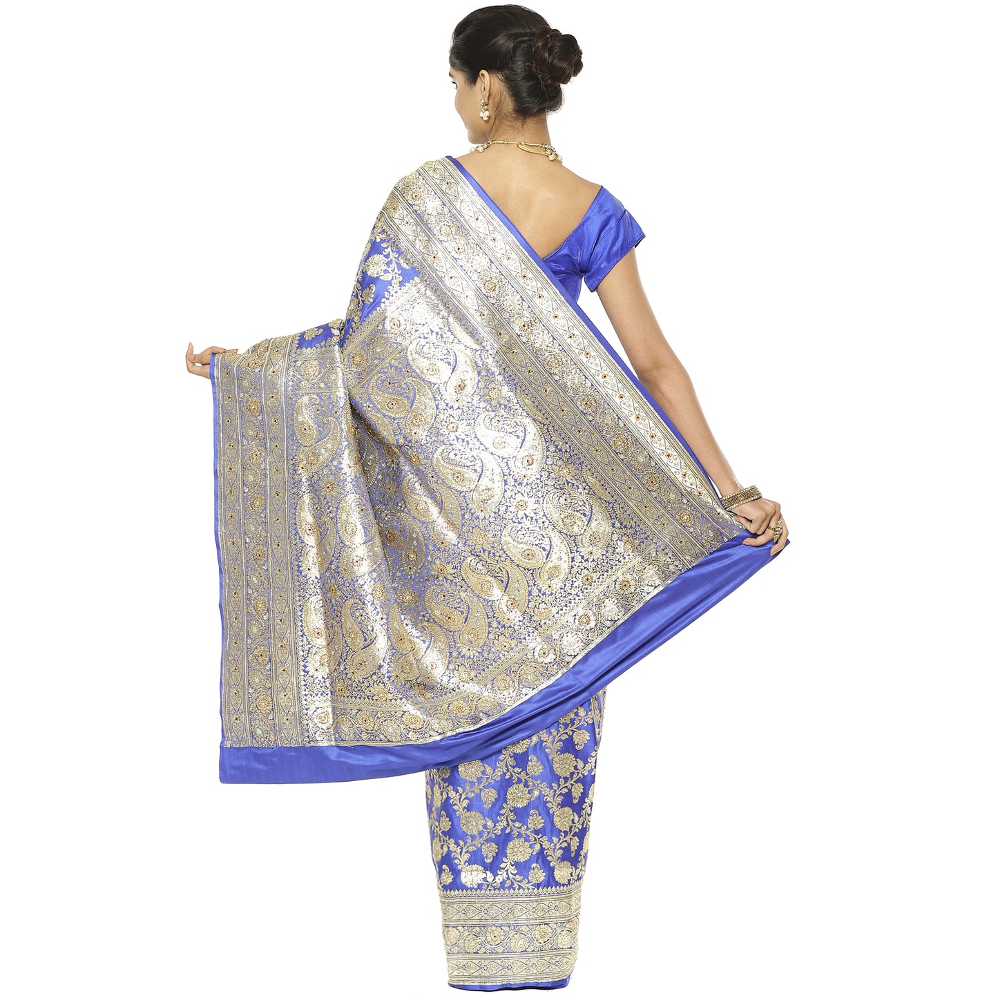 Faishana Presents Blue Katan Silk Floral Zari Jaal Stone work with Heavy Skirt Zari Border Banarasi Saree