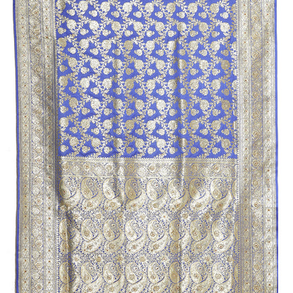 Faishana Presents Blue Katan Silk Floral Zari Jaal Stone work with Heavy Skirt Zari Border Banarasi Saree