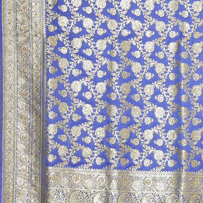 Faishana Presents Blue Katan Silk Floral Zari Jaal Stone work with Heavy Skirt Zari Border Banarasi Saree