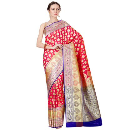 Faishana Presents Pink Satin Silk Floral Zari Boota Saree with Contarst Blue Paisley Pallu and Blue Blouse Piece