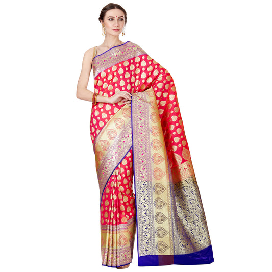 Faishana Presents Pink Satin Silk Floral Zari Boota Saree with Contarst Blue Paisley Pallu and Blue Blouse Piece