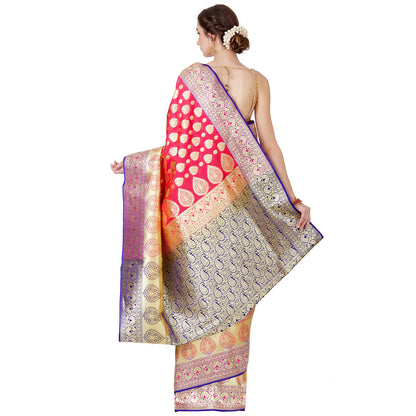 Faishana Presents Pink Satin Silk Floral Zari Boota Saree with Contarst Blue Paisley Pallu and Blue Blouse Piece