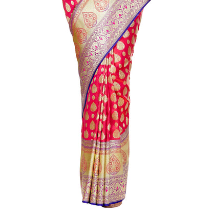 Faishana Presents Pink Satin Silk Floral Zari Boota Saree with Contarst Blue Paisley Pallu and Blue Blouse Piece