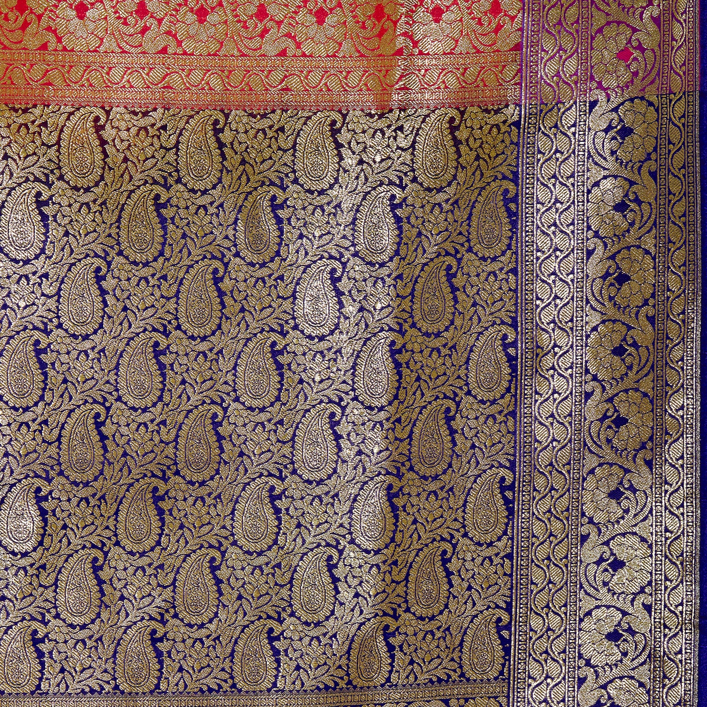 Faishana Presents Pink Satin Silk Floral Zari Boota Saree with Contarst Blue Paisley Pallu and Blue Blouse Piece