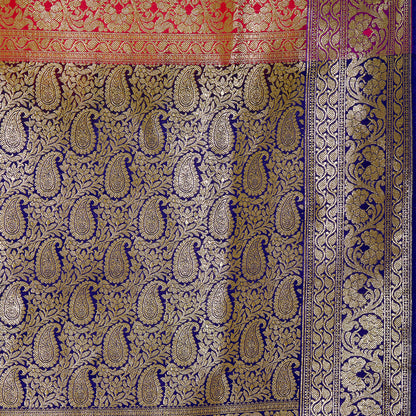 Faishana Presents Pink Satin Silk Floral Zari Boota Saree with Contarst Blue Paisley Pallu and Blue Blouse Piece