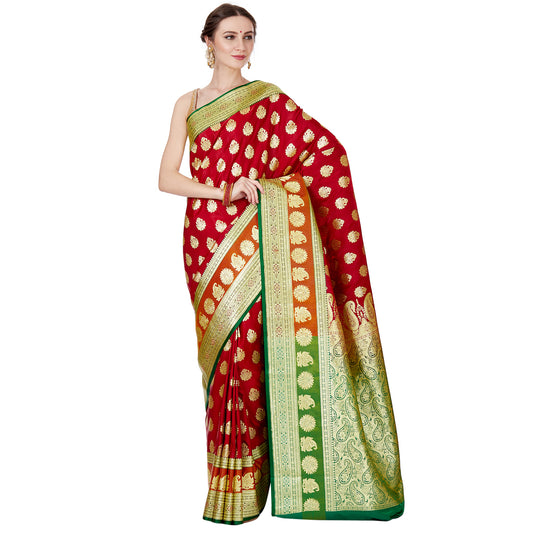 Faishana Presents Maroon Satin Silk Zari Booti Banarasi Saree with Contrast Green Paisley Pallu and Green Blouse Piece