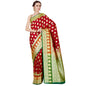 Faishana Presents Maroon Satin Silk Zari Booti Banarasi Saree with Contrast Green Paisley Pallu and Green Blouse Piece