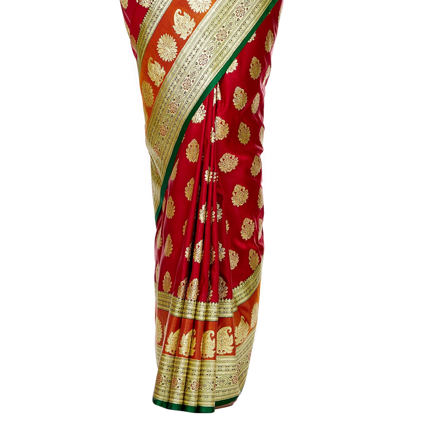 Faishana Presents Maroon Satin Silk Zari Booti Banarasi Saree with Contrast Green Paisley Pallu and Green Blouse Piece