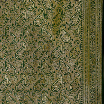 Faishana Presents Maroon Satin Silk Zari Booti Banarasi Saree with Contrast Green Paisley Pallu and Green Blouse Piece