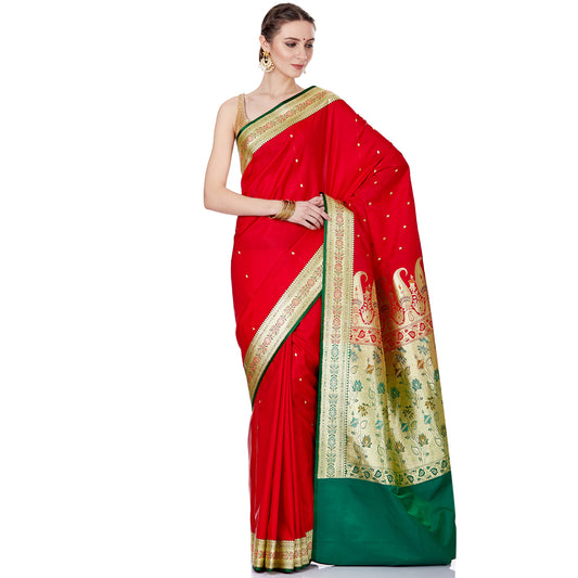 Faishana Presents Red Satin Silk Chunri Zari Booti Banarasi Saree with Contrast Green Floral Jaal and Green Blouse Piece