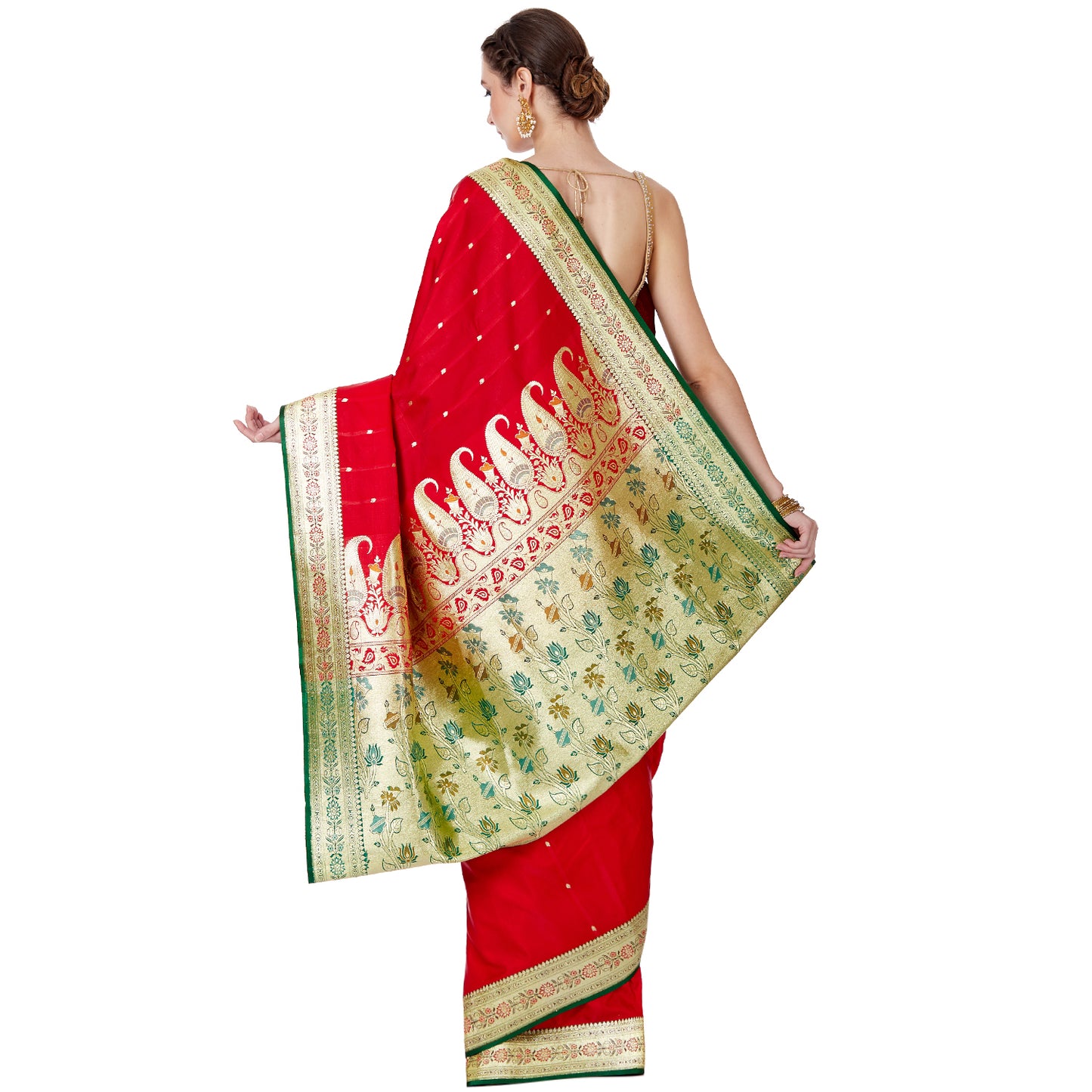 Faishana Presents Red Satin Silk Chunri Zari Booti Banarasi Saree with Contrast Green Floral Jaal and Green Blouse Piece