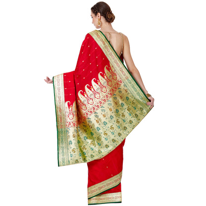 Faishana Presents Red Satin Silk Chunri Zari Booti Banarasi Saree with Contrast Green Floral Jaal and Green Blouse Piece