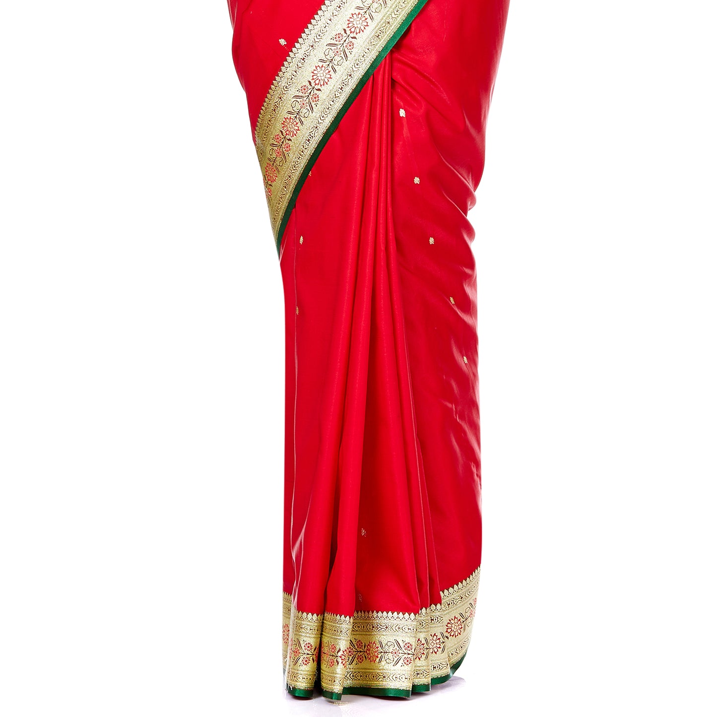 Faishana Presents Red Satin Silk Chunri Zari Booti Banarasi Saree with Contrast Green Floral Jaal and Green Blouse Piece