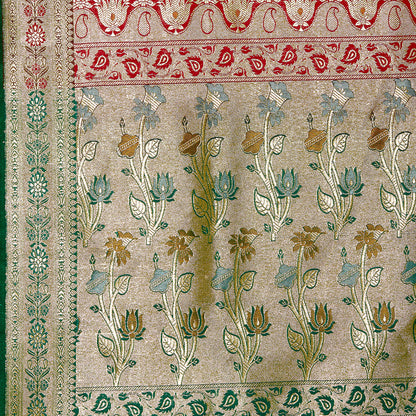 Faishana Presents Red Satin Silk Chunri Zari Booti Banarasi Saree with Contrast Green Floral Jaal and Green Blouse Piece