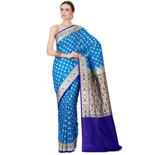 Faishana Presents Blue Satin Silk Floral Zari Booti Saree with Contrast Blue Jaal Pallu and Blue Blouse Piece
