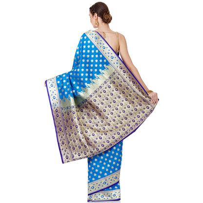 Faishana Presents Blue Satin Silk Floral Zari Booti Saree with Contrast Blue Jaal Pallu and Blue Blouse Piece