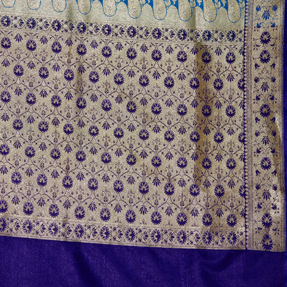 Faishana Presents Blue Satin Silk Floral Zari Booti Saree with Contrast Blue Jaal Pallu and Blue Blouse Piece
