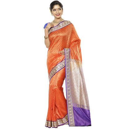 Faishana Presents Orange Tanchoi Stone With Blue Border Art Silk Banarasi Saree With Blouse Piece