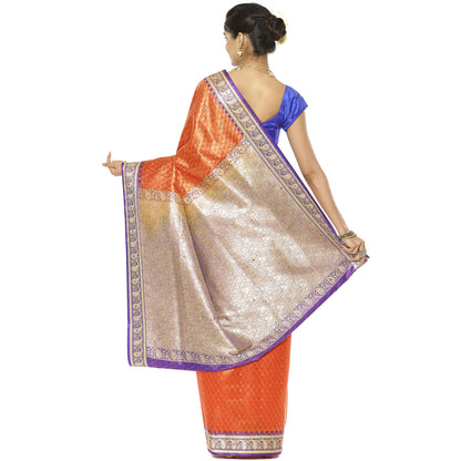 Faishana Presents Orange Tanchoi Stone With Blue Border Art Silk Banarasi Saree With Blouse Piece