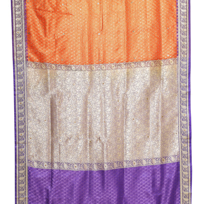 Faishana Presents Orange Tanchoi Stone With Blue Border Art Silk Banarasi Saree With Blouse Piece