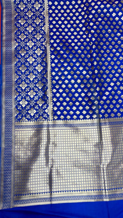 Faishana Blue Satin Silk Zari Floral Booti Saree With Blouse Piece GEJA17