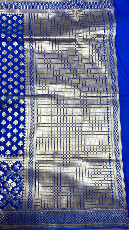 Faishana Blue Satin Silk Zari Floral Booti Saree With Blouse Piece GEJA17