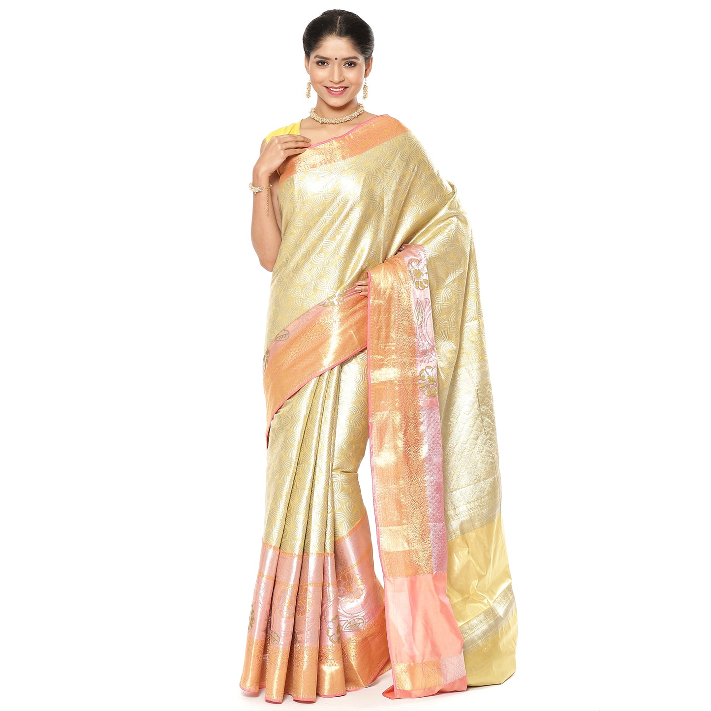 Faishana Gold Kanchi Silk Jamdani Tissue Paithani Border Banarasi Saree with Gold Blouse Piece