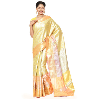 Faishana Presents Light Gold Kanchi Silk Jamdani Tissue Paithani Banarasi Saree With Light Gold Blouse Piece