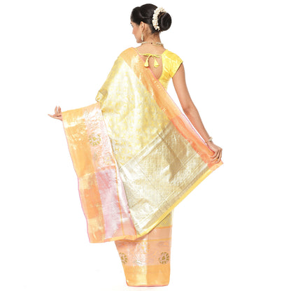 Faishana Presents Light Gold Kanchi Silk Jamdani Tissue Paithani Banarasi Saree With Light Gold Blouse Piece