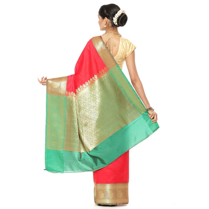 Faishana Presents Red Katan Silk Plain Zari Anchal With Contrast Green Zari Border Banarasi Saree