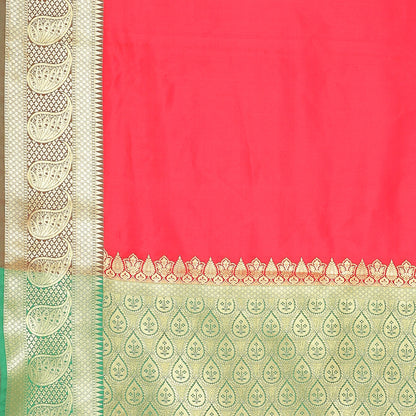 Faishana Presents Red Katan Silk Plain Zari Anchal With Contrast Green Zari Border Banarasi Saree