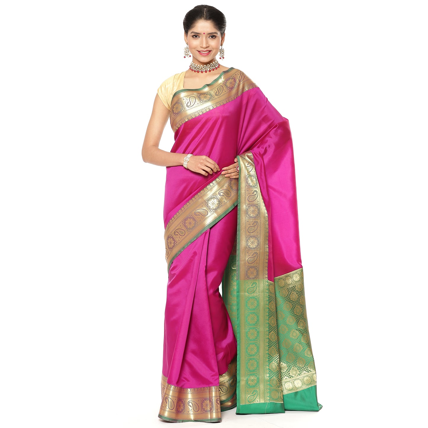 Faishana Presents Magenta Katan Silk Plain Zari Anchal With Contrast Green Zari Border Banarasi Saree