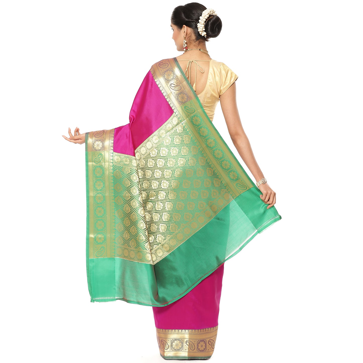 Faishana Presents Magenta Katan Silk Plain Zari Anchal With Contrast Green Zari Border Banarasi Saree