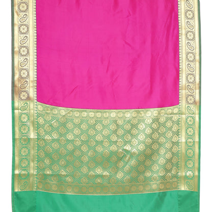Faishana Presents Magenta Katan Silk Plain Zari Anchal With Contrast Green Zari Border Banarasi Saree